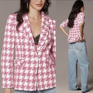Helene Berman London x Anthropologie Tweed Houndstooth Blazer Pink Size XS
